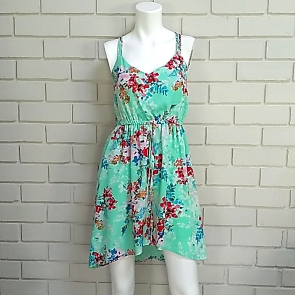 BeBop Floral High Low Criss Cross Elastic Tie Waist Mini Dress. Size Small